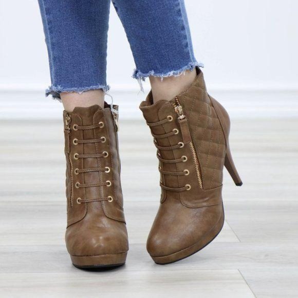 Khaki Platform High Heel Boots Light Fur inside - Picture 6 of 12